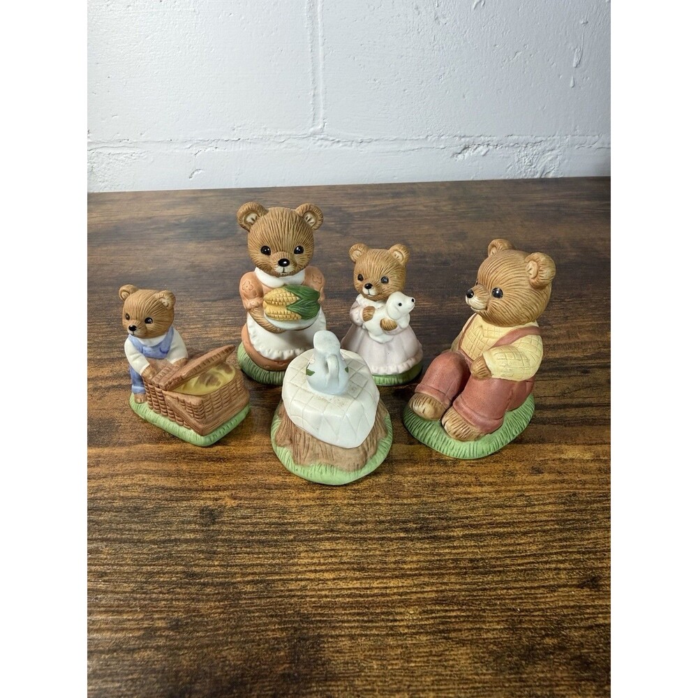 HOMCO Bear Family Figurines Set 5 Country Kitchen Picnic Mom Dad Kids #1462